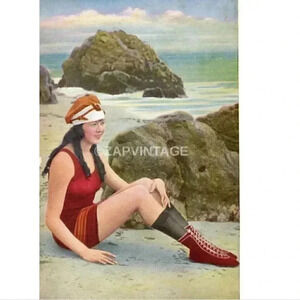 Vtg Art Deco 1900's Color Girl On Bathing Suit On Beach Art Print PHOTO #2706